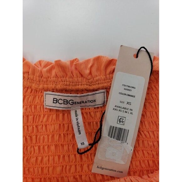 BCBGeneration Crop Top Women's‎ XS Orange Smocked Off-The-Shoulder Stretch NEW - Picture 6 of 11